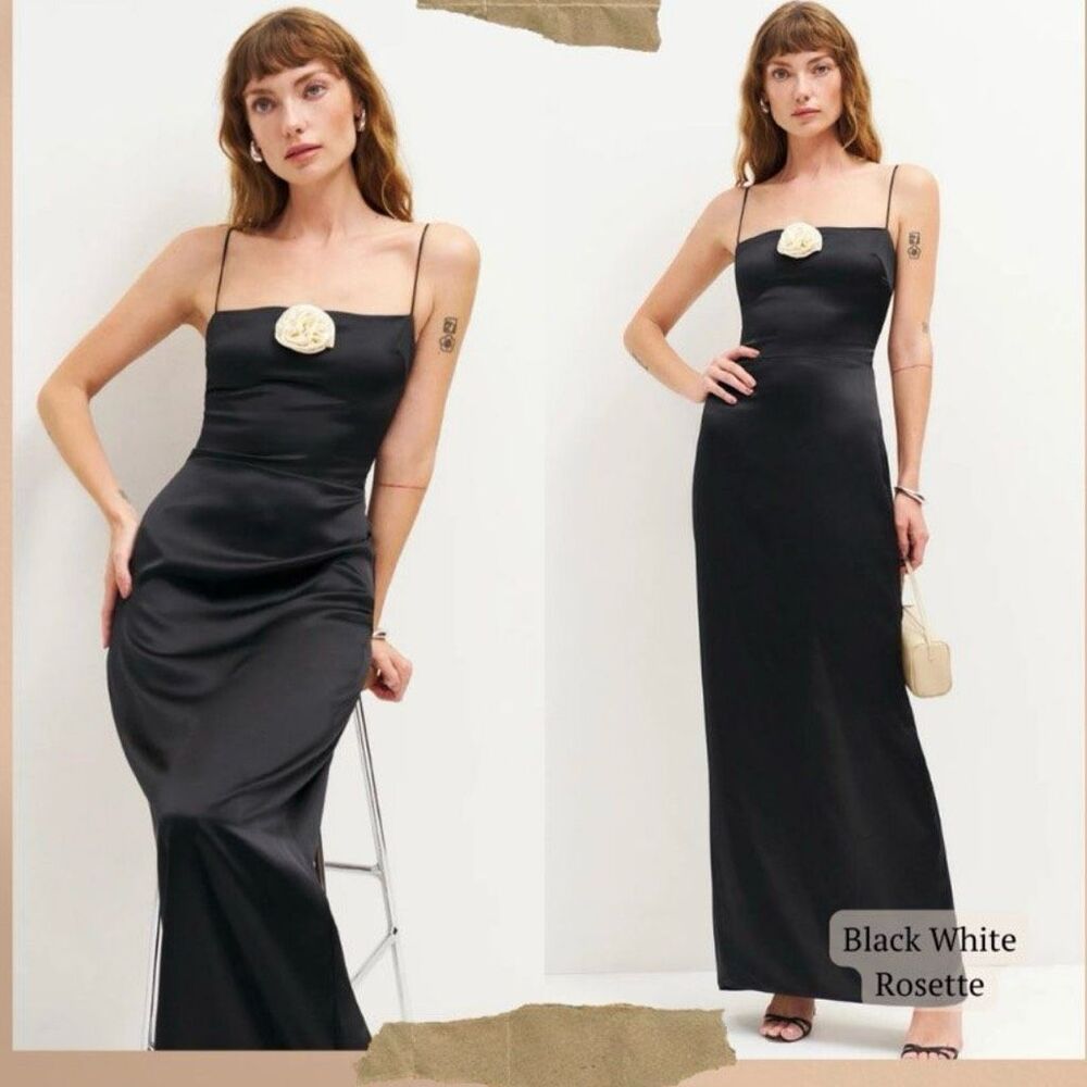 Reformation Black Maxi Slip Dress with White Rosette